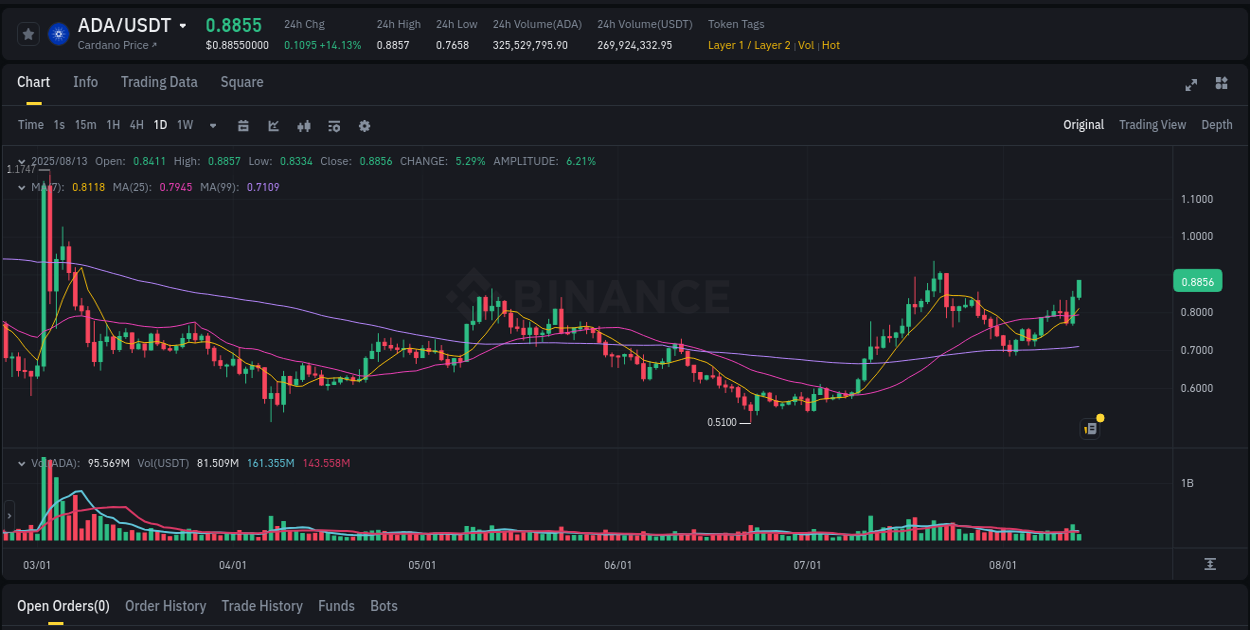 Trading velocity: ADA momentum surge on Binance, 13 August 2025, 11:08