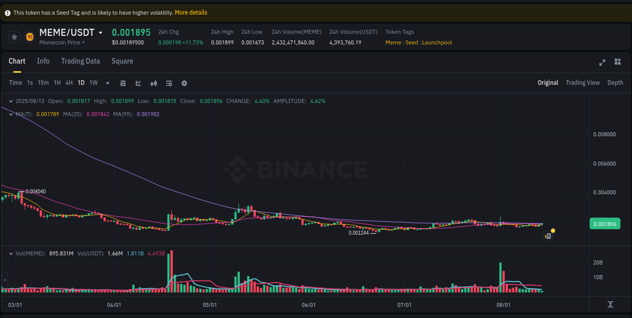 Risk management: MEME trading analysis on Binance, 13 August 2025, 11:12