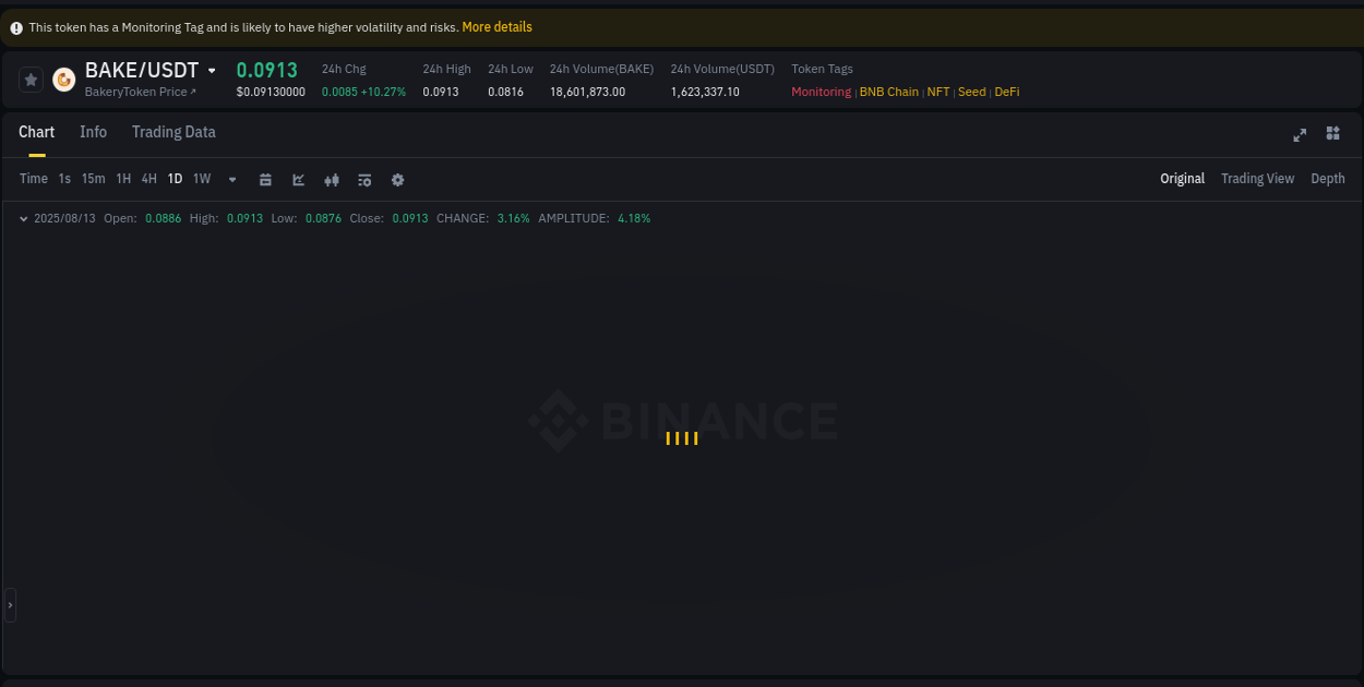 Crypto trading report: BAKE pump on Binance, 13 August 2025, 11:54