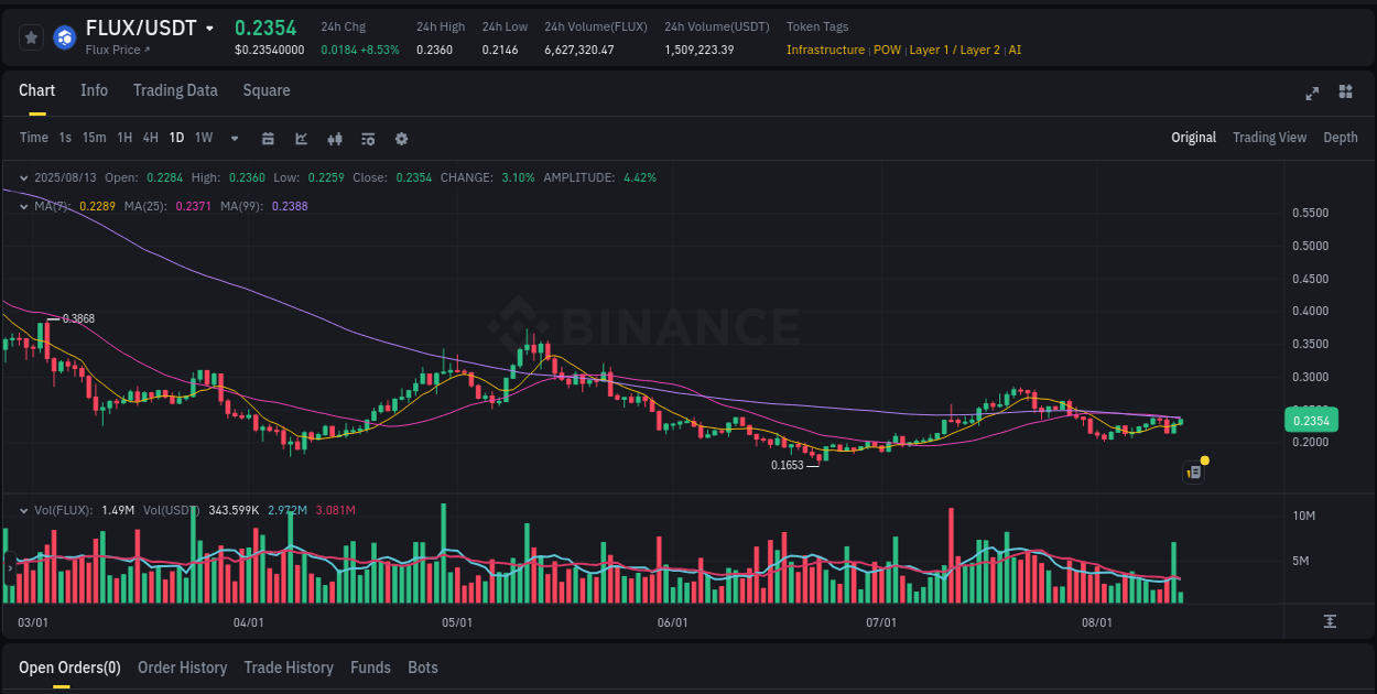 Trading analytics: FLUX pump report from Binance, 13 August 2025, 12:35