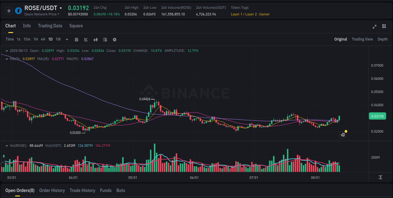 Price action study: ROSE momentum shift on Binance, 13 August 2025, 14:03