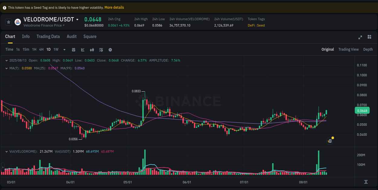 Market efficiency: VELODROME price discovery on Binance, 13 August 2025, 15:28
