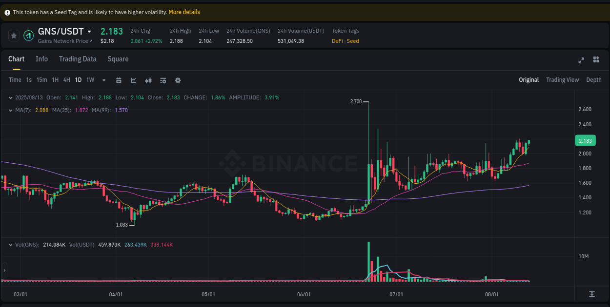 Binance trading data for GNS pump, 13 August 2025, 21:24