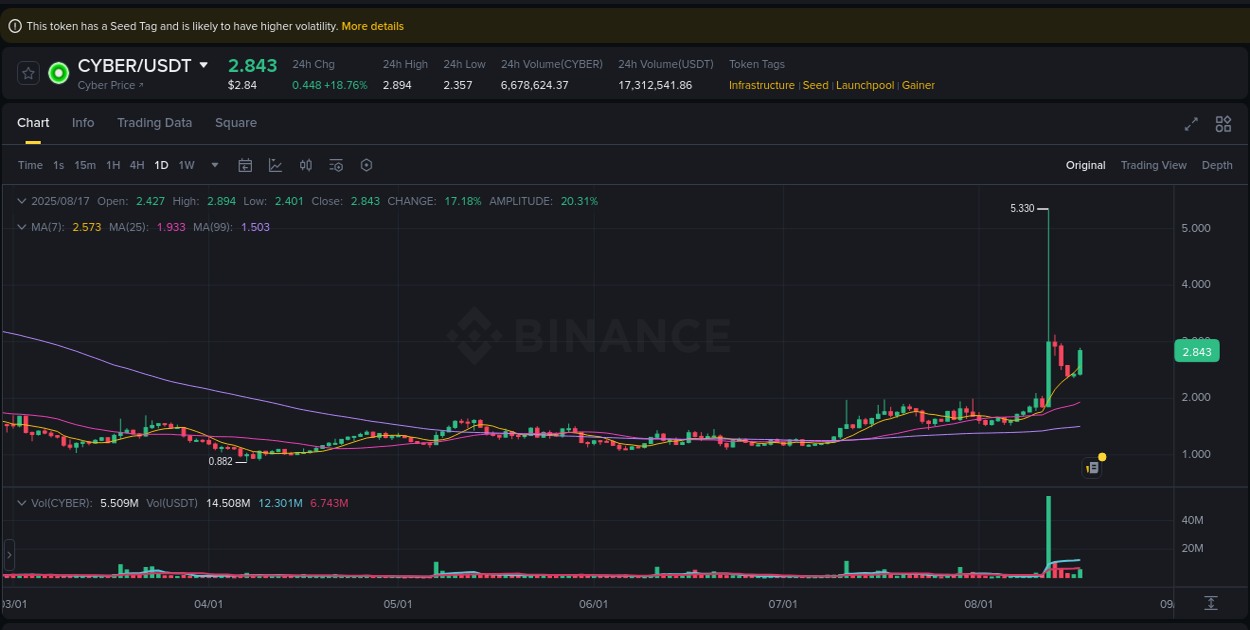 Crypto market report: CYBER pump on Binance, 17 August 2025, 12:43