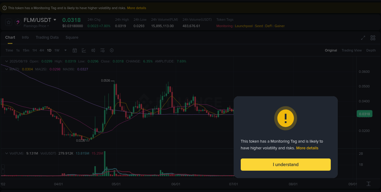Binance exchange trading report for FLM, 19 August 2025, 11:25