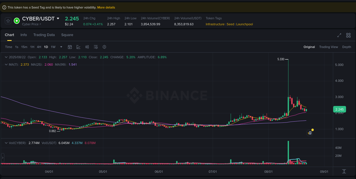 Crypto market report: CYBER pump on Binance, 22 August 2025, 12:53