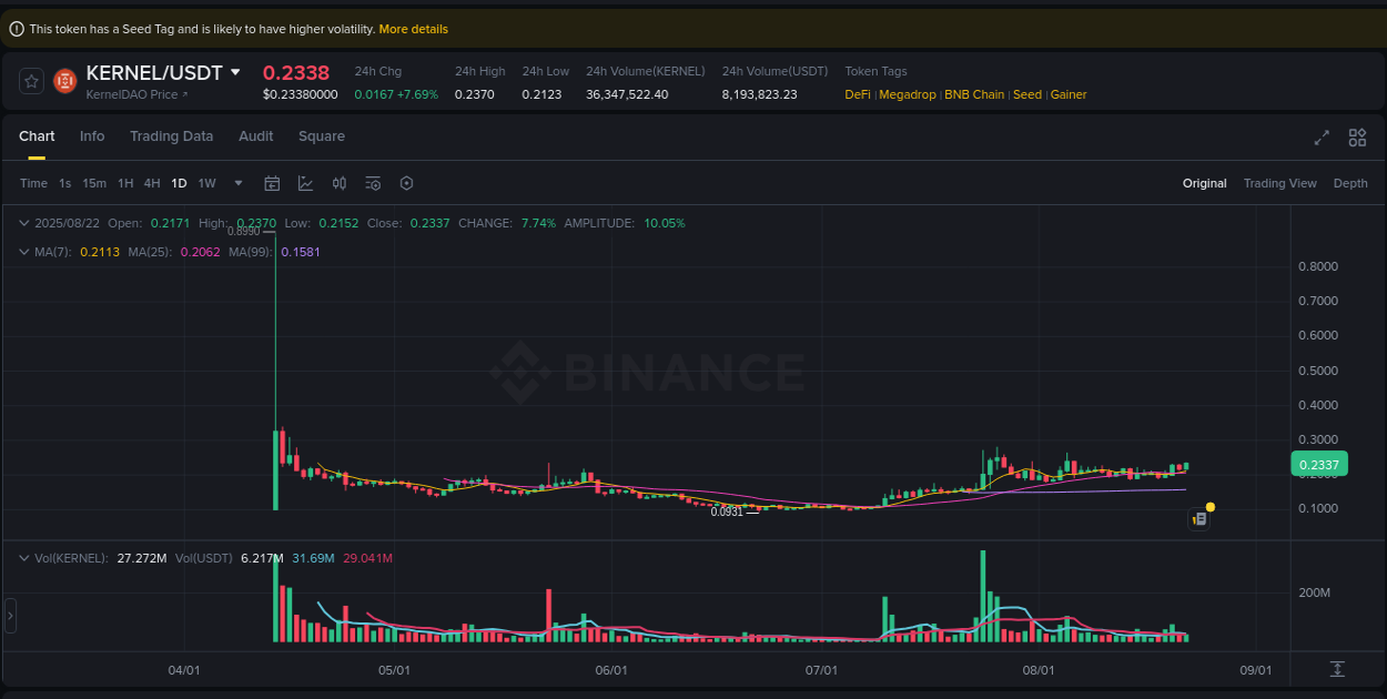 Live report of KERNEL pump on Binance, 22 August 2025, 15:14