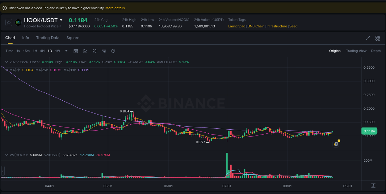 Binance pump data for HOOK at 24 August 2025, 06:37