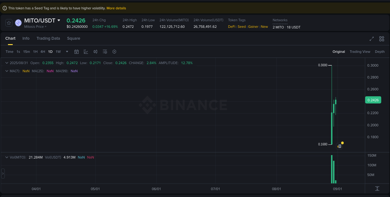 Binance exchange pump report for MITO, 31 August 2025, 05:36 Binance exchange pump report for MITO, 31 August 2025, 05:36