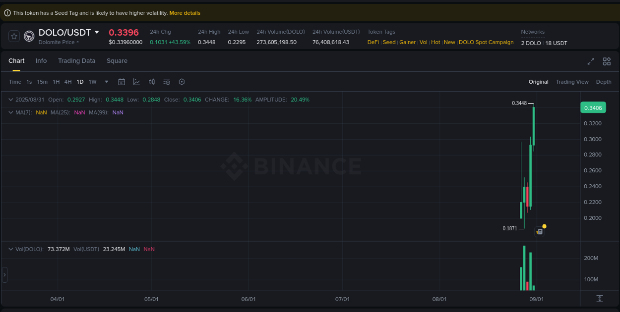 See the detailed report of DOLO's pump on Binance at 31 August 2025, 09:14 Analysis of DOLO pump activity on Binance at 31 August 2025, 09:14