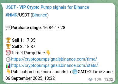 Crypto trading signal proof: NMR pump on Binance, 06 September 2025, 16:33