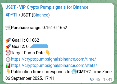 Crypto signal proof: PYTH pump on Binance, 06 September 2025, 18:55