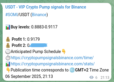Market signal proof: SOMI pump from Binance, 06 September 2025, 21:23