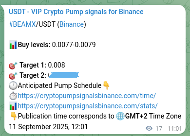 Authenticated proof of BEAMX's pump signal on Binance at 11 September 2025, 12:21