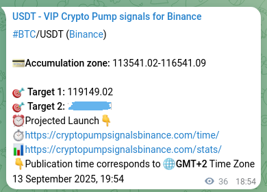 Crypto trading signal proof: BTC pump on Binance, 13 September 2025, 19:54