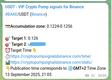 Crypto pump signal analytics for BAKE on Binance, 13 September 2025, 22:32