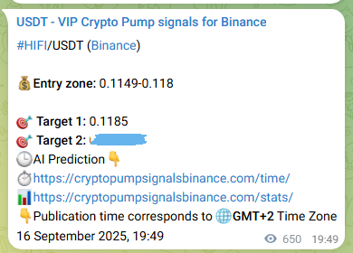Proof of HIFI pump signal on Binance at 17 September 2025, 13:53