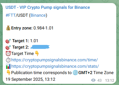 Authenticated proof of FTT's pump signal on Binance at 19 September 2025, 14:25