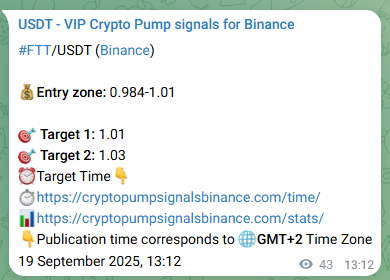 Crypto pump signal proof: FTT on Binance, 19 September 2025, 14:27
