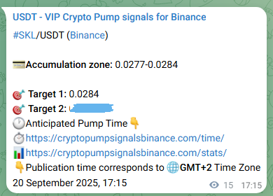 Authenticated proof of SKL's pump signal on Binance at 20 September 2025, 17:41