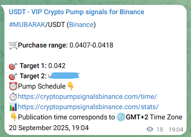 Crypto pump signal proof: MUBARAK on Binance, 20 September 2025, 19:32