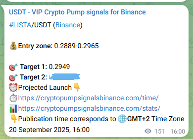 Trading signal proof: LISTA pump from Binance, 20 September 2025, 20:06