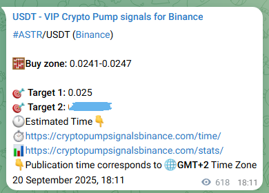 Binance pump signal proof for ASTR on 21 September 2025, 11:24