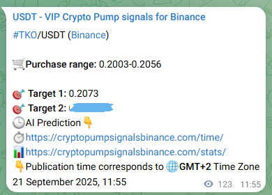 Crypto market signal proof: TKO pump on Binance, 21 September 2025, 15:18