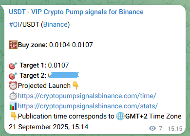 Binance pump signal data for QI at 21 September 2025, 15:24