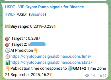 Binance signal verification for WLFI pump, 21 September 2025, 16:52