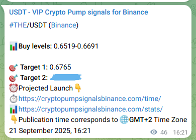 Trading signal confirmation: THE pump on Binance at 21 September 2025, 17:36