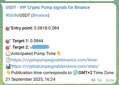 Crypto trading signal verification: SIGN pump on Binance, 21 September 2025, 17:57