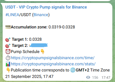 LINEA pump verification image from Binance, 21 September 2025, 22:05