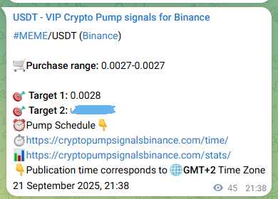 Authenticated proof of MEME's pump signal on Binance, 21 September 2025, 22:52