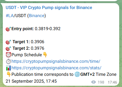 Crypto pump signal confirmation: LA on Binance, 21 September 2025, 23:14