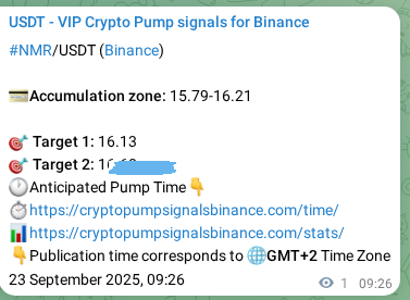 Crypto pump signal proof: NMR on Binance, 23 September 2025, 10:05