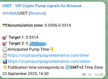 Binance pump signal verification for HUMA at 23 September 2025, 16:46