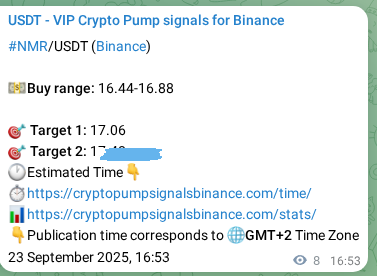 Authenticated proof of NMR's pump signal on Binance, 23 September 2025, 17:06