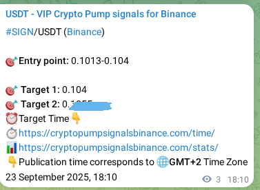Crypto pump signal verification for SIGN on Binance, 23 September 2025, 18:13