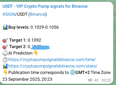 Binance pump signal proof for SIGN on 23 September 2025, 21:29