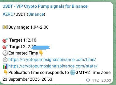 Proof of ZRO pump signal on Binance at 23 September 2025, 23:59