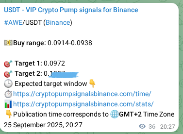 Verify the crypto signal proof for AWE on Binance, 25 September 2025, 21:15 Crypto signal proof: AWE pump on Binance, 25 September 2025, 21:15