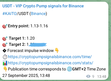 View the proof of KAITO pump signal on Binance at 27 September 2025, 14:04 Proof of KAITO pump signal on Binance at 27 September 2025, 14:04