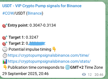 Verify the crypto pump signal for COW on Binance, 29 September 2025, 21:07 Crypto pump signal verification for COW on Binance, 29 September 2025, 21:07
