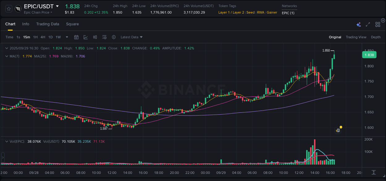 Analyze the crypto trading report for EPIC pump on Binance, 29 September 2025, 16:31 Crypto trading analysis: EPIC pump on Binance, 29 September 2025, 16:31