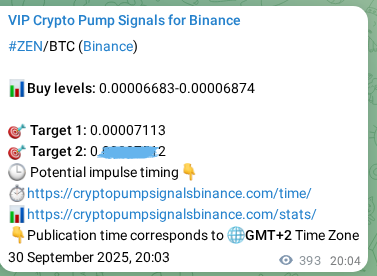 Binance pump signal proof for ZEN on 01 October 2025, 06:58