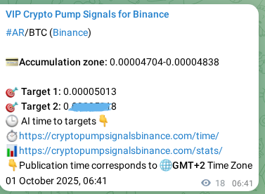 Authenticated proof of AR's pump signal on Binance at 01 October 2025, 07:12
