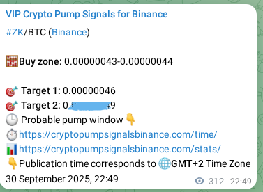 Crypto pump signal proof: ZK on Binance, 01 October 2025, 07:29
