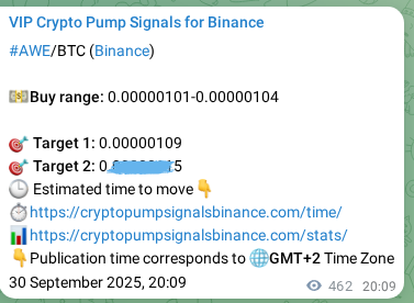 Binance trading signal proof for AWE pump, 01 October 2025, 09:00