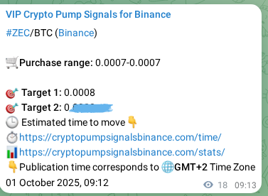 Trading signal proof: ZEC pump from Binance, 01 October 2025, 09:43